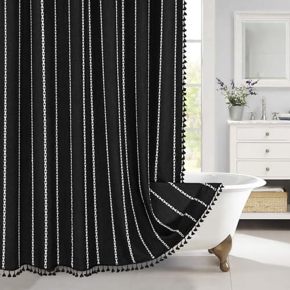 Boho Long Shower Curtain 72 x 78, Black Farmhouse 78 inch Long Polyester Linen Fabric Shower Curtains with Tassel for Chic Cottagecore French Rustic Bathroom Decor
