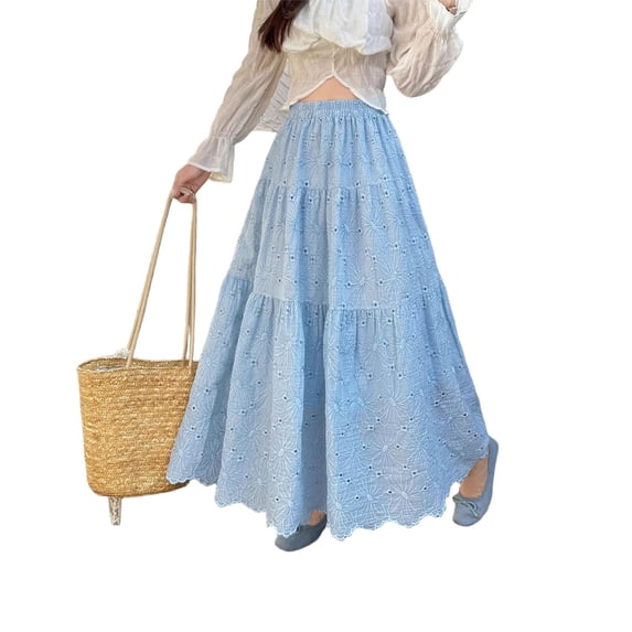Boho Long Skirts for Women Hollow Out Embroidery High Waist Skirt Flowy Tiered Maxi Skirt Lightweight Vintage Fashion Skirts Business Casual Outfits Spring Summer 2026 Beach Vacation