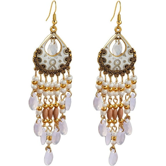 Boho Long Teardrop Beaded Tassel Dangle Earrings for Women Gold-Toned Bohemian Crystal Beads Fringe Dangling Drop Statement Earrings Enamel Flower Link Piercing Fish Hook Native Tribal Ethnic Jewelry