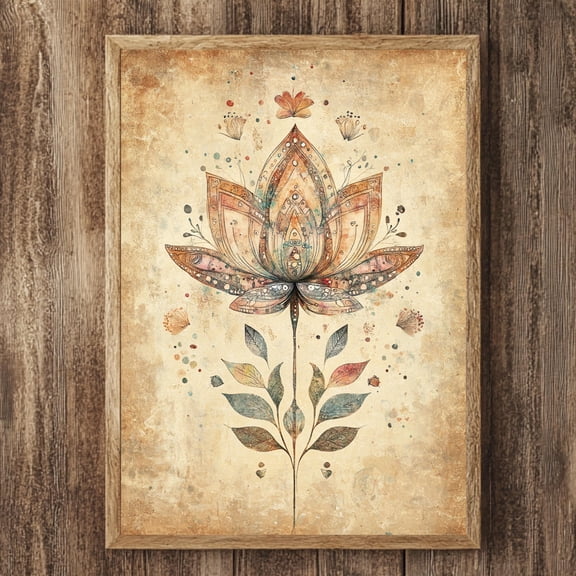 Boho Lotus Flower Wall Art Rustic Floral Wooden Bohemian Botanical Decor Sacred Flower Poster Earthy Home Accent, Poster Only