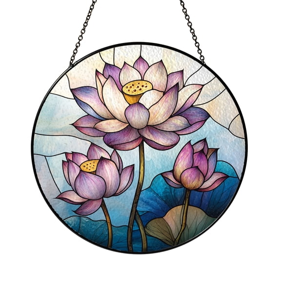 Boho Lotus Glass Suncatcher Window Decor, Purple Floral Zen Inspired Hanging Art for Peaceful Spaces