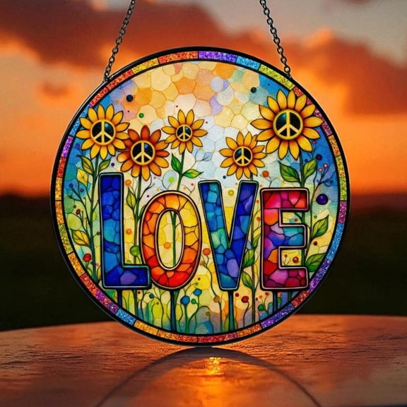 Boho Love Glass Suncatcher, Peace Sunflower Window Hanging Art Decor, Colorful Hippie Floral Art Piece, Retro Home Gift Ornament, Suncatcher Window Hanging, 3.5 in