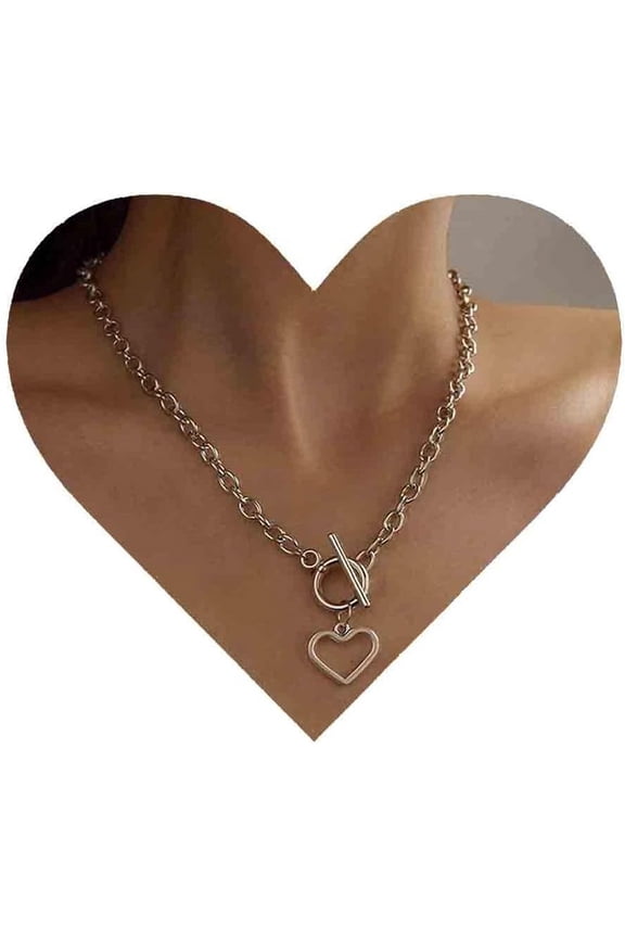 Boho Love Heart Choker Necklace Silver Paper Clip Necklace Heart Toggle Necklace Open Circle T Bar Necklaces Chain for Women
