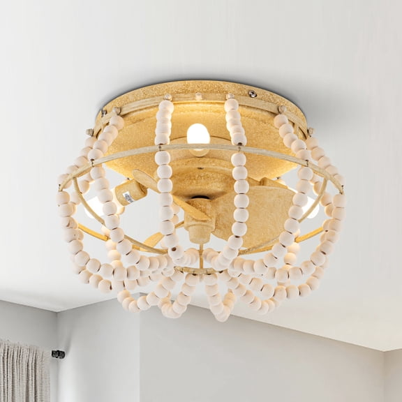 Boho 13" Beaded Flush Mount Ceiling Fan with Light and Remote Control, Low Profile Ceiling Fan, Silent for Bedroom Dining Room
