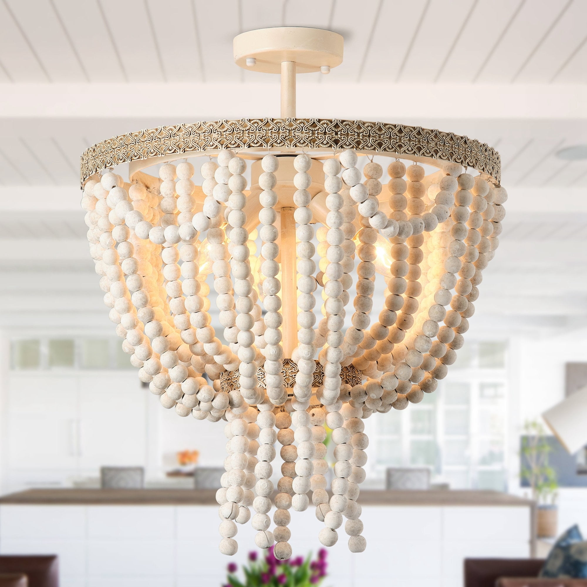 Boho Low Profile Distressed White Wood Beaded 3 Light Semi Flush