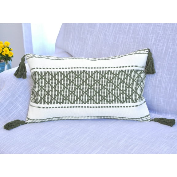 Boho Lumbar Pillow Cover with Tassels Olive Green & Cream White, 12x20 inch -Single Piece / Decorative Small Rectangle Cushion Cover for Couch Sofa/ Farmhouse Woven Pillow Case / Accent Cushion Cover