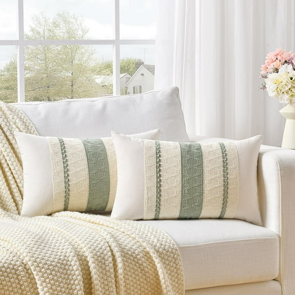 Boho Lumbar Pillow Covers 12x20 Inch, Set of 2, Sage Green Decorative Throw Covers with Macrame Weave, for Living Room, Bedroom, Couch, Bed, Chair, Rustic Retro Bohemian Home Decor