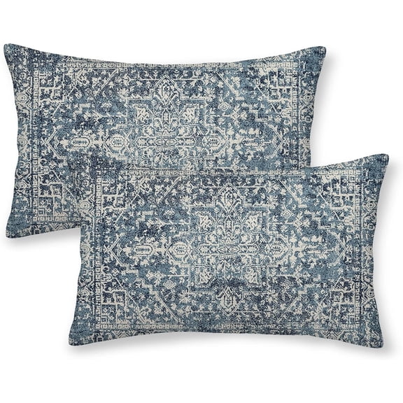 Boho Lumbar Pillow Covers 12x20 Set of 2, Blue Carpet Pattern Decorative Throw Pillows Linen Ethnic Design Farmhouse Cushion Pillow Covers for Sofa Couch Outdoor Decor