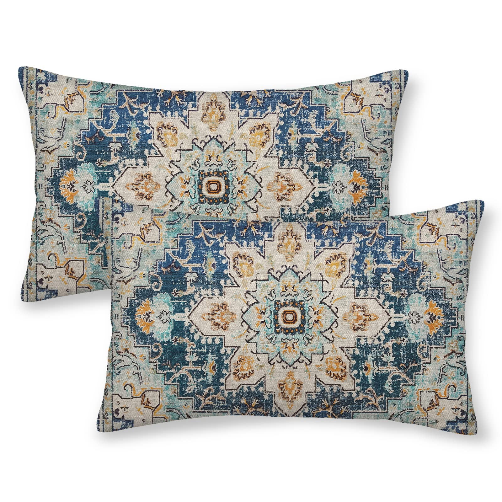 Boho Lumbar Pillow Covers 14x20 Set of 2, Blue Yellow Carpet Pattern