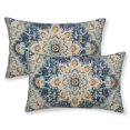 Boho Lumbar Pillow Covers 14x20 Set of 2, Blue Yellow Carpet Pattern