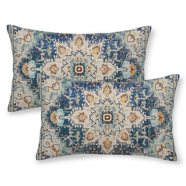 Boho Lumbar Pillow Covers 14x20 Set of 2, Blue Yellow Carpet Pattern