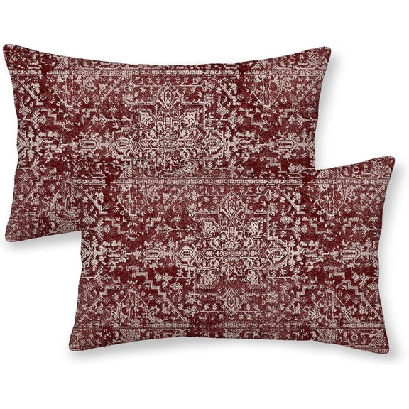 Boho Lumbar Pillow Covers Set of 2 12x20 Inch Burgundy Red Carpet Pattern Decorative Throw Pillows in Linen Ethnic Design for Bohemian Farmhouse Cushion Sofa Couch Outdoor Decor Unique Ethnic Charm