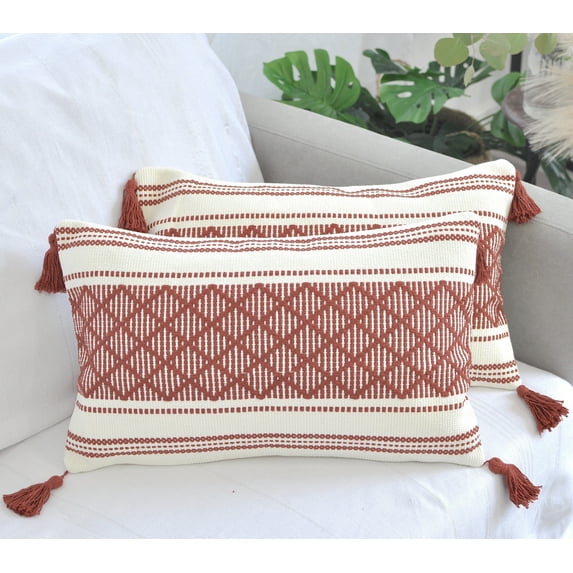Boho Lumbar Pillow Covers with Tassels, 12x20 Inches, Rust Brown /Cream Checkered Pattern (Set of 2) | Decorative Rectangular Cushion Covers for Living room Couch, Sofa, Chair Cases