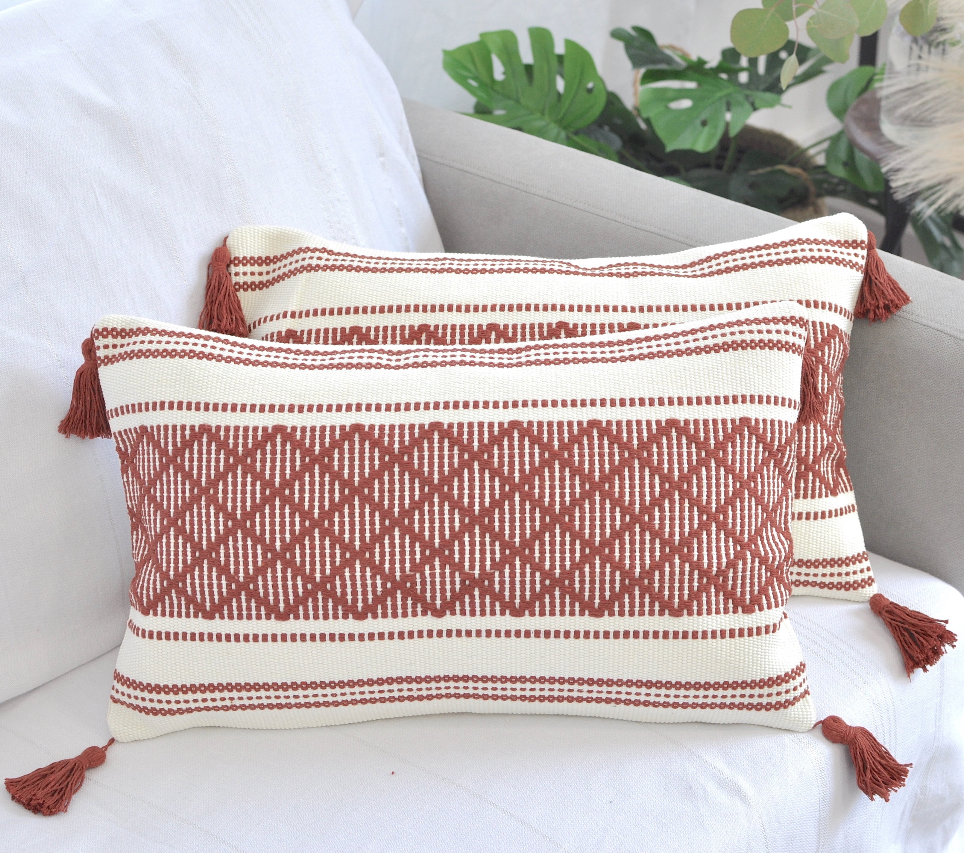 Cream and Rust Wool and Cotton Nubby Handwoven Pillow Cover