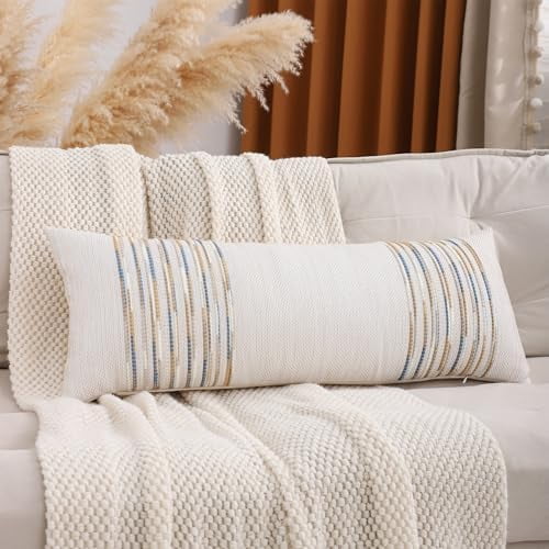 Boho Lumbar Throw Pillow Cover 14x36 Long Body Lumbar Decorative Pillow Case Accent Chenille Striped Pillowcase Farmhouse Cushion Case Nuetral Textured Pillow Cover Yellow and Blue (1 Piece)