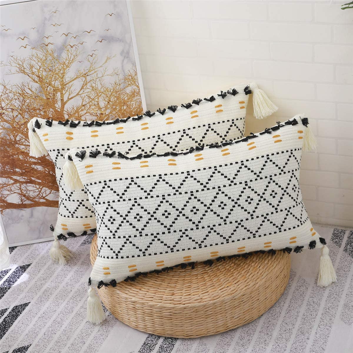 Boho Lumbar Throw Pillow Covers, HandWoven Tufted and Tasseled Throw