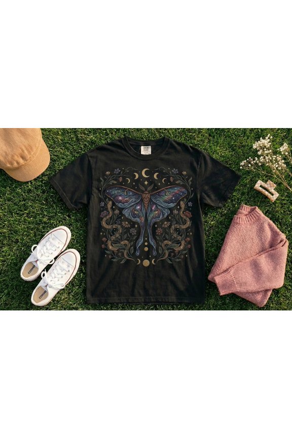 Boho Luna Moth Shirt, Cottagecore Floral Snake Nature Lover Sweatshirt, Vintage Moon Phase Sweater