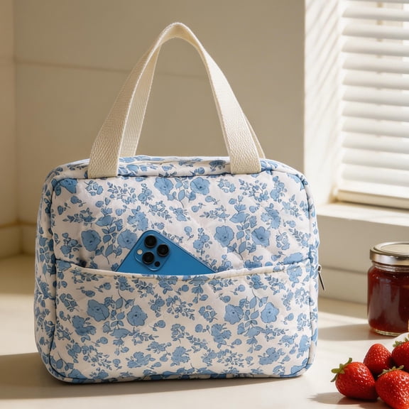 Boho Lunch Bag, 8L Capacity Insulated Lunch Box for Work Picnic School Travel, Cooler & Thermal, Blue Flower Print