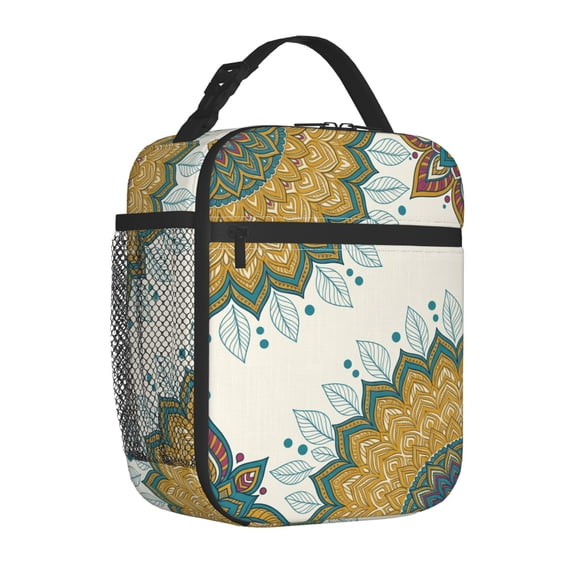 Boho Lunch Bag, Aztec Sun Print Portable Bento Tote, Insulated Reusable Meal Carrier for Work, Picnic and Beach Trips