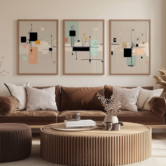 Boho MCM Abstract Print, Geometric Wall Art, Print Set 3 Stretched Canvas 16x24