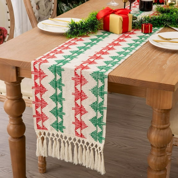 Boho Macrame Christmas Tree Table Runner, Farmhouse Style Rustic Table Runner with Hand-Knit Tassels for Boho Dining Room Decor Home Accessories 13x72inches