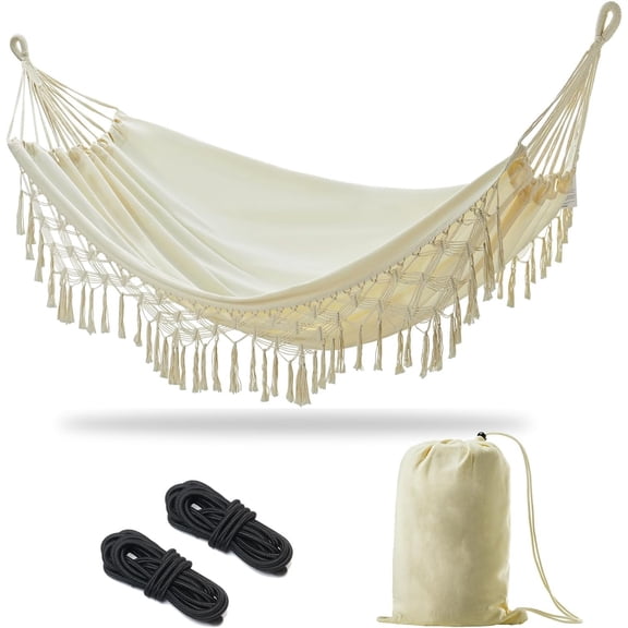 Boho Macrame Double Hammock with Ropes & Elegant Tassels 86.6x59 Portable Hammock for Patio Backyard Porch 450LBS Weight Capacity for Outdoor/Indoor - Beige Color