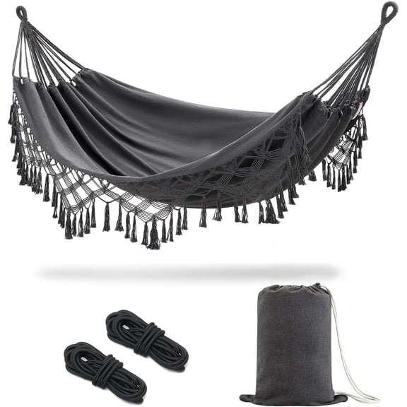 Boho Macrame Double Hammock with Ropes & Elegant Tassels 86.6x59 Portable Hammock for Patio Backyard Porch 450LBS Weight Capacity for Outdoor/Indoor - Dark Grey