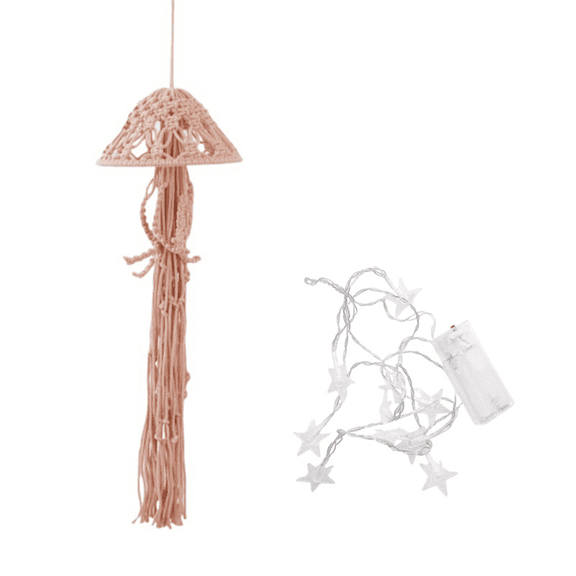 Boho Macrame Dream Catcher Handmade Woven Ornament with String Lights Jellyfish for Hanging Decor C
