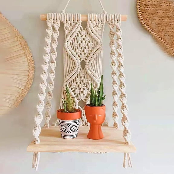 Boho Macrame Floating Wood Shelf for Plant Decor White