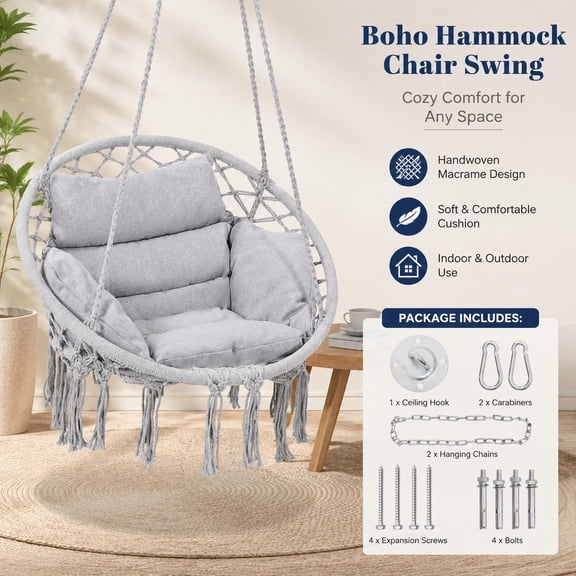Boho Macrame Hammock Chair Swing with Medium Cushion for Bedroom Indoor Outdoor Balcony Porch Grey