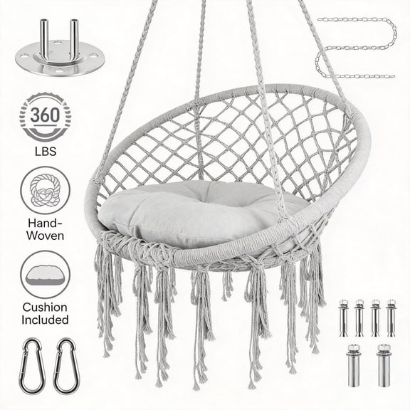 Muweixin Boho Macrame Hanging Chair, Hammock Chair Macrame Swing, 360 LBS Hand-Woven with Cushion & Hardware Kit, for Patio Balcony Bedroom Garden