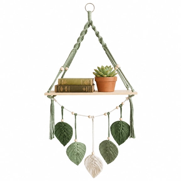 Boho Macrame Hanging Shelf, Green Leaf Woven Floating Shelves for Wall Decor with Wood Board and Cotton Rope, Rustic Plant Shelf for Bedroom Living Room Entryway Home Office Display