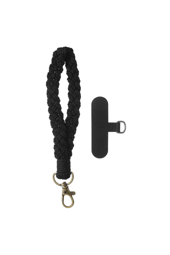 Boho Macrame Keychain, Handmade Wristlet Bracelet Keychain Keyring Holder Key Wrist Lanyard Phone Wrist Strap with T-shaped Pad for Women Girls, Black