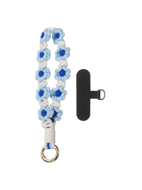 Boho Macrame Keychain, Handmade Wristlet Bracelet Keychain Keyring Holder Key Wrist Lanyard Phone Wrist Strap with T-shaped Pad for Women Girls, White Blue