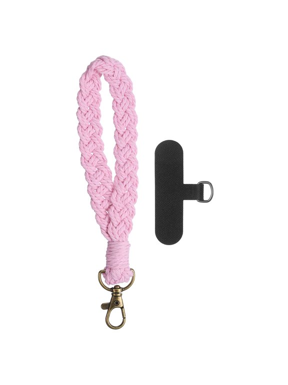 Boho Macrame Keychain, Handmade Wristlet Bracelet Keychain Keyring Holder Key Wrist Lanyard Phone Wrist Strap with T-shaped Pad for Women Girls, Pink