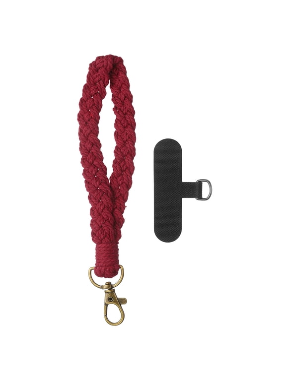 Boho Macrame Keychain, Handmade Wristlet Bracelet Keychain Keyring Holder Key Wrist Lanyard Phone Wrist Strap with T-shaped Pad for Women Girls, Red