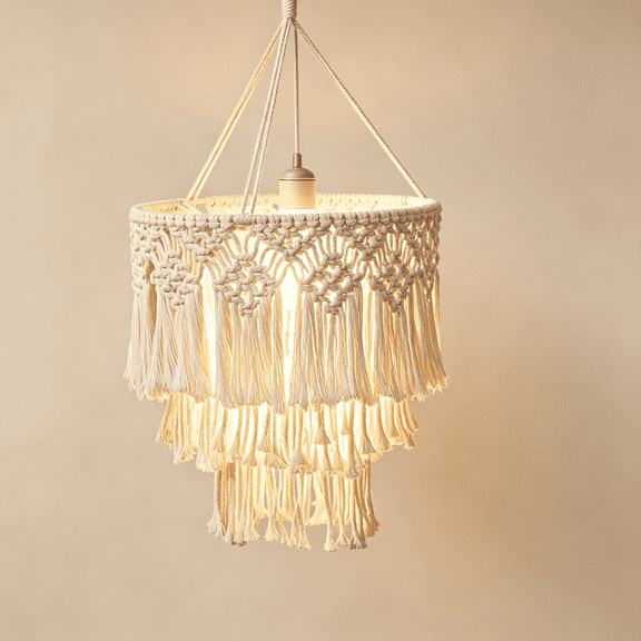 Boho Macrame Lamp Shade 14x12 Inch, Tier Tassel Hanging Lamp Shade, Woven Cotton Rope Pendant Light Cover, Bohemian Decor for Classroom Decoration