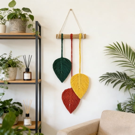 Boho Macrame Leaf Wall Hanging Cotton Rope Tassel Wall Decor Handmade Bohemian Style Durable Lightweight Easy Hang for Bedroom Living Room Nursery Entryway Home Aesthetic Decoration