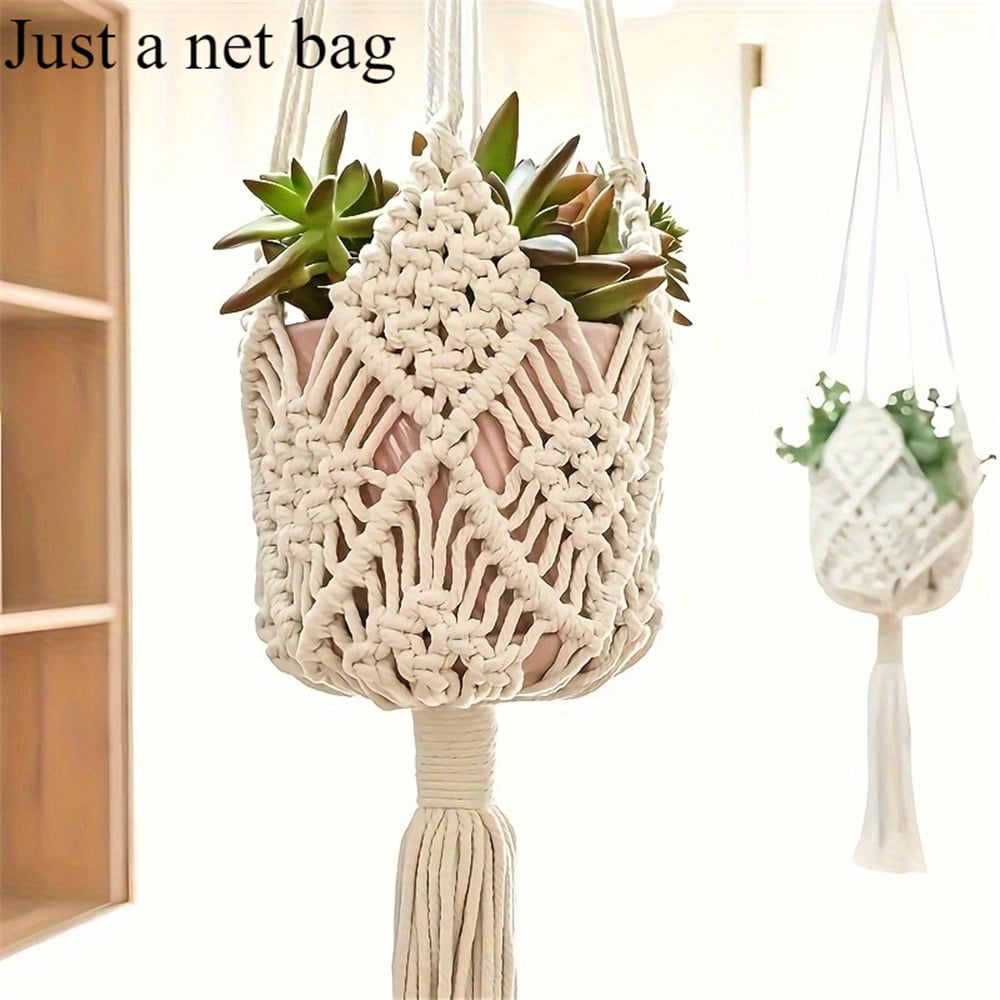 White Rope Netting Boho Macrame Plant Hanger, Woven Hanging Basket Holder With Net Pouch ...