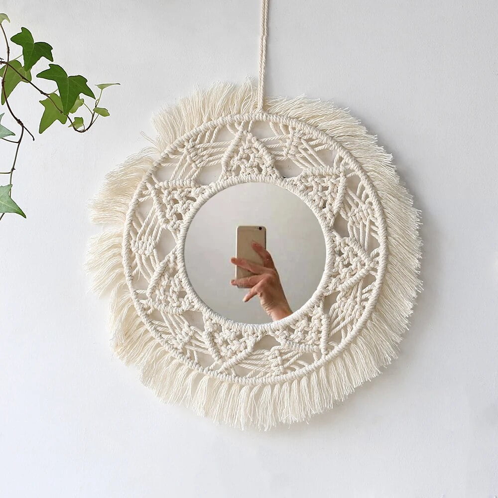 Boho Macrame Round Mirror Decorative Mirrors Aesthetic Room Decor Hanging Wall Mirror for ...