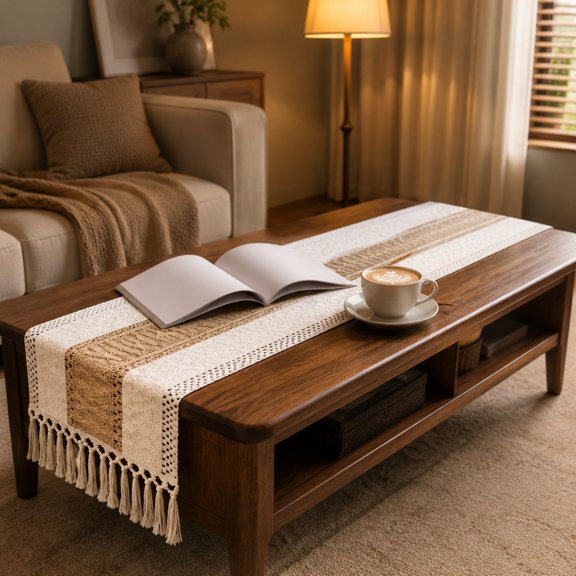 Boho Macrame Table Runner, Beige Brown Striped Weave, Tassel Trim for Dining/Wedding Party, 72" Long Cotton Webbing, Rustic Farmhouse Centerpiece