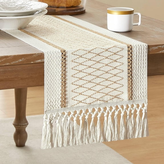 Boho Macrame Table Runner Farmhouse Woven Table Runner with Tassels Rustic Cotton Linen Table Runner 72 inches Long for Spring Table Decor Dining Table Home Decor Daily Use