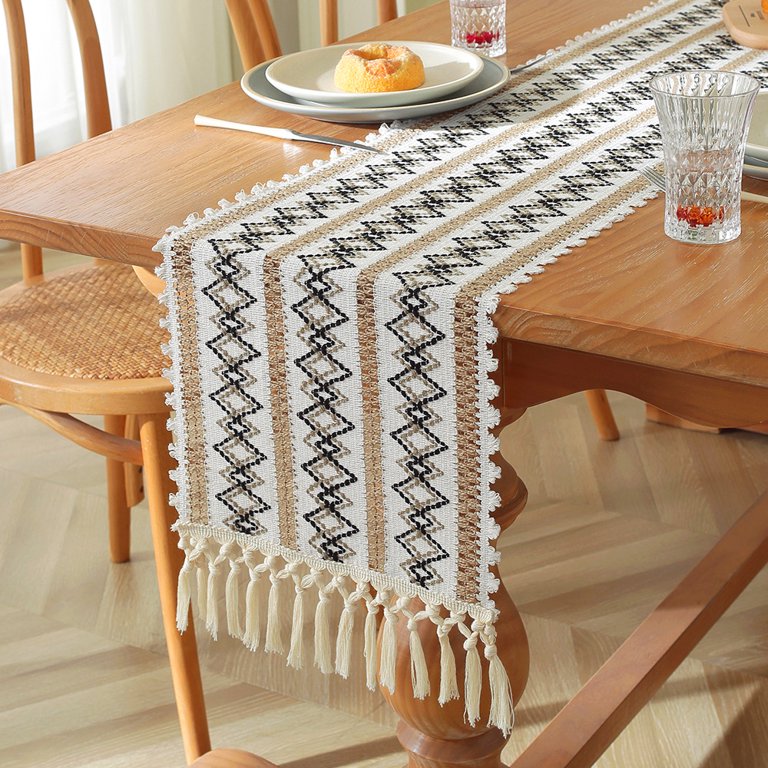 dresser runner boho Stunning Macrame Knot Bohemian Table Runner in Beige White