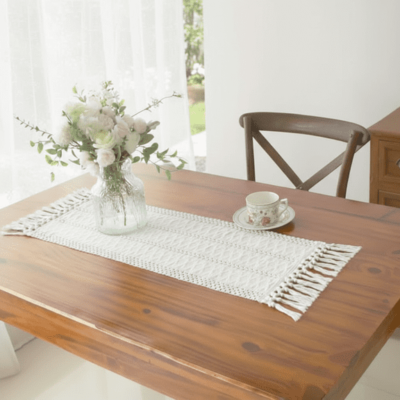 Boho Macrame Table Runner with Tassels, 36 Inches Long Cream for Farmhouse Home Decor, Bohemian Dining and Bedroom Decor, Rustic Bridal Shower, 12x36 Inches