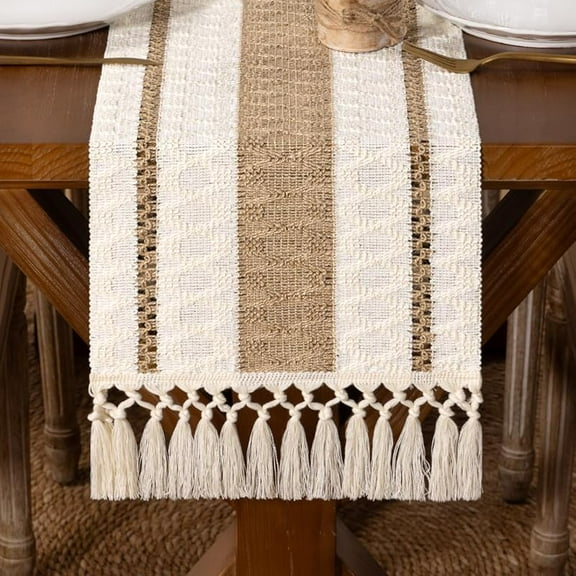 Boho Macrame Table Runner Terracotta Fall Farmhouse Woven Table Runner with Tassels 108 Inches Ivory& Rust Cotton Linen Kitchen Table Centerpiece for Dining Dresser Home Tea Table Decor