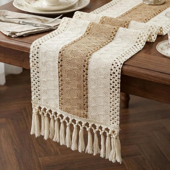 Boho Macrame Table Runner with Tassels, 72 Inches Long Rustic Farmhouse Linen Table for Wedding & Afternoon Tea