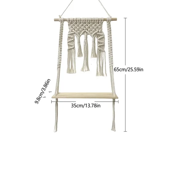 Boho Macrame Tapestry Wall Hanging Shelf Hand Woven Cotton Rope Plant Hanger Wood Floating Shelf Home Living Room Decorations (10)
