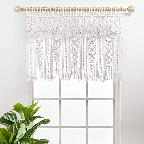 Boho Macrame Textured Cotton Valance, 40" W x 30" L, White - Boho Kitchen Curtains & Wall Decor - Macrame Valance - Bathroom Window Curtains