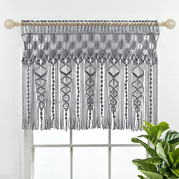 Boho Macrame Textured Cotton Valance, 40" W x 30" L, Gray - Boho Kitchen Curtains & Wall Decor - Macrame Valance - Bathroom Window Curtains