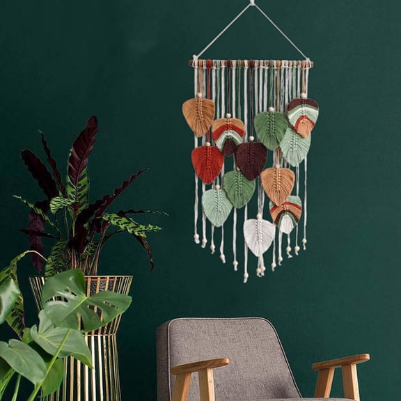 Boho Macrame Wall Hanging - 33" x 18" Handwoven Leaf Feather Wall Art, Large Cotton & Wood Bead Tapestry with Tassels, Chic Bohemian Decor for Living Room, Bedroom, Nursery, or Wedding Backdrop